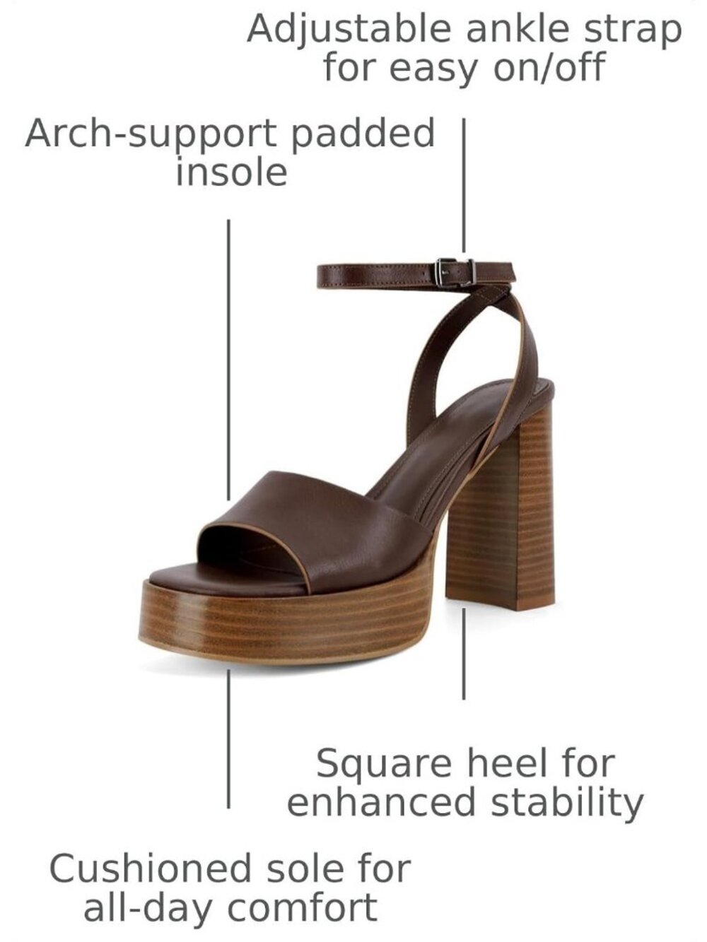 Women's Dark Brown Platform Heels Open Toe Chunky Block Heel Ankle Strap Sandals